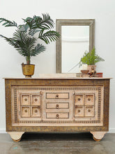 Embossed Brass Vintage Indian Distressed Timber Moroccan Brass Buffet on Wheels Boho Sideboard Cabinet Storage